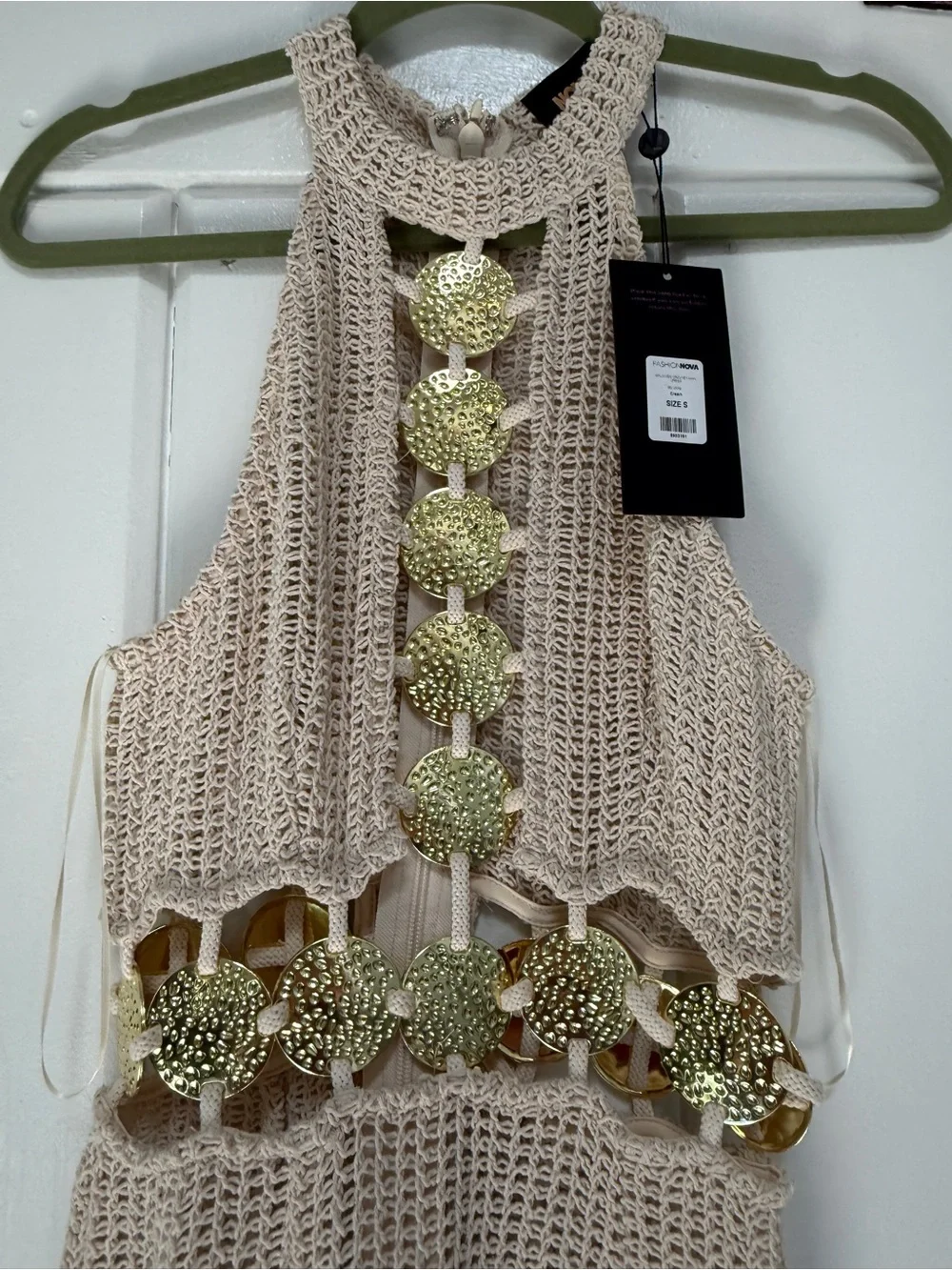 Cream Crochet Halter Maxi Dress with Gold Accent